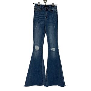 Sincerely Jules Denim High Waist Flare Leg Bell Bottom Raw Hem Blue Jeans 24